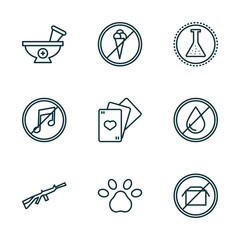 Poster - set of 9 linear icons from signs concept. outline icons such as phary, no ice cream, chemical products, weapons, pet, no packing vector
