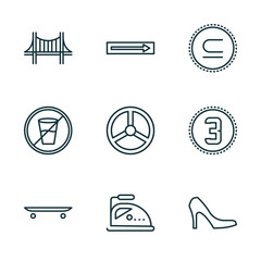 Poster - set of 9 linear icons from signs concept. outline icons such as bridge, one way, is a sub of, skateboard, ironing, high heels vector