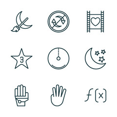 Poster - set of 9 linear icons from shapes concept. outline icons such as moon and broom, non recyclable, film strip with heart, gauntlet, four finger in hand, function vector