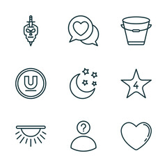 Poster - set of 9 linear icons from shapes concept. outline icons such as skull and dagger, lover, empty bucket, dome light, character, black heart vector