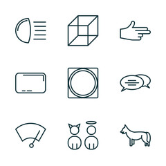 Poster - set of 9 linear icons from shapes concept. outline icons such as high beam, geometry cube, finger gun, winshield wiper, characters, jackal vector