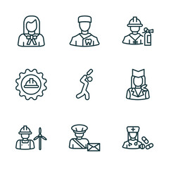 Poster - set of 9 linear icons from professions concept. outline icons such as lawyer, orthodontist, fireman, wind turbine technician, postman, pharist vector
