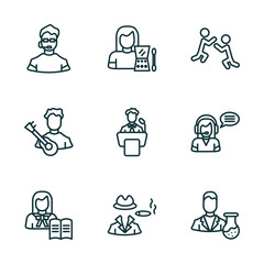 Poster - set of 9 linear icons from professions concept. outline icons such as bouncer, makeup artist, wrestling, teacher, mafia, scientist vector