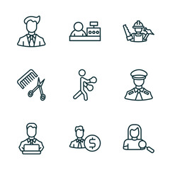Poster - set of 9 linear icons from professions concept. outline icons such as businessman, cashier, carpenter, programmer, accountant, hr specialist vector