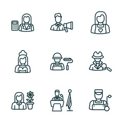 Aufkleber - set of 9 linear icons from professions concept. outline icons such as mathematician, marketing manag