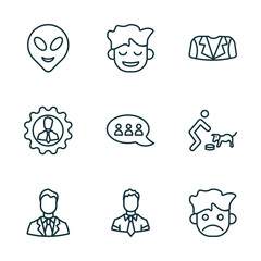 Poster - set of 9 linear icons from people concept. outline icons such as alien smile, relieved smile, women suit, man with company, ceo man, sad smile vector