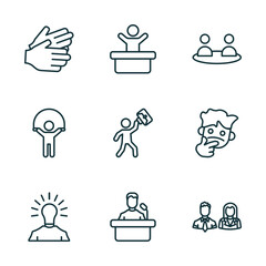 Poster - set of 9 linear icons from people concept. outline icons such as partners claping hands, worker success, relations, man with idea, leader speech, woman and man partners vector