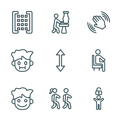 Wall Mural - set of 9 linear icons from people concept. outline icons such as matrix, sculptor working, waving goodbye, happy smile, children in school, man with open lock vector