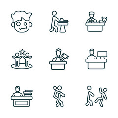 Poster - set of 9 linear icons from people concept. outline icons such as confused smile, carpenter working, vet with cat, working at the office, give a piggy back ride, helping other to jump vector