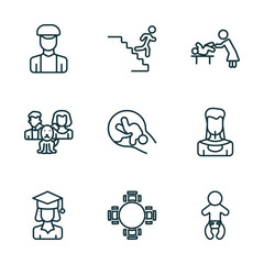 Wall Mural - set of 9 linear icons from people concept. outline icons such as dutch, downstairs, babysitter and child, graduated student, round table, baby with diaper vector