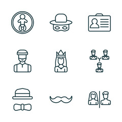 Wall Mural - set of 9 linear icons from people concept. outline icons such as baby zone, zorro, identification ard, elegant, hairy, restroom vector