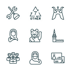 Poster - set of 9 linear icons from other concept. outline icons such as plumbering, 7 other, samurai head of japan, limited liability, arabian woman, chemistry business card vector
