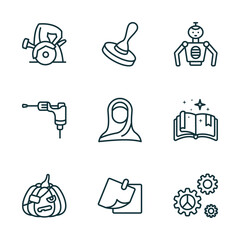 Poster - set of 9 linear icons from other concept. outline icons such as wood cutter, wooden stamper, robot of japan, pirate pumpkin, two post it, mechanical gears vector