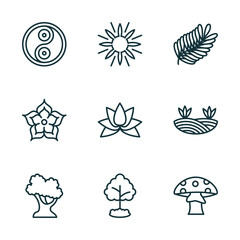Poster - set of 9 linear icons from nature concept. outline icons such as fengshui, sun flare, fern, white oak tree, tree growing, mushroom with spots vector