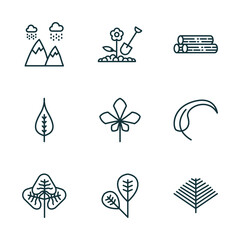 Poster - set of 9 linear icons from nature concept. outline icons such as rainy landscape, farming, woods, reniform, obovate, pine needle vector