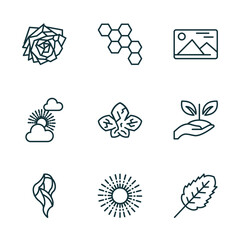 Poster - set of 9 linear icons from nature concept. outline icons such as roses, chemical structure, landscape inside frame, hair style, shining sun with rays, plum leaf vector