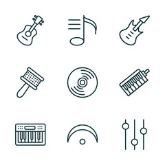 Poster - set of 9 linear icons from music and media concept. outline icons such as ukelele, playlist, bass guitar, music keyboard, fermata, music player tings vector