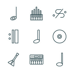 Poster - set of 9 linear icons from music and media concept. outline icons such as half note, organ, segno, balalaika, synthesizer, crotchet vector