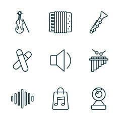 Poster - set of 9 linear icons from music and media concept. outline icons such as violoncello, accordion, oboe, acoustic, music store, webcam video call vector