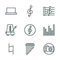 Poster - set of 9 linear icons from music and media concept. outline icons such as half rest, treble clef, stave, natural, panpipe, photo camera vector