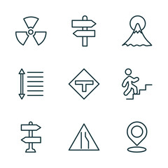 Poster - set of 9 linear icons from maps and flags concept. outline icons such as radiactive, divarication, mount fuji, vintage, narrow right lane, locato vector