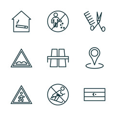 Poster - set of 9 linear icons from maps and flags concept. outline icons such as smoking place, no littering, women hairstylist, crossing zone, no skiing, square flag vector