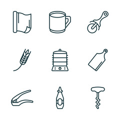 Poster - set of 9 linear icons from kitchen concept. outline icons such as aluminum foil, mug, pizza cutter, garlic press, sauce, corkscrew vector