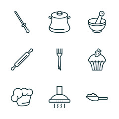 Poster - set of 9 linear icons from kitchen concept. outline icons such as knife sharpener, cooking pot, mortar, chef hat, extractor hood, scoop vector