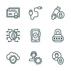 Poster - set of 9 linear icons from internet security concept. outline icons such as network certificate, phone cable, pendrive security, cloud, remote support, privacy vector
