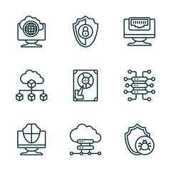 Aufkleber - set of 9 linear icons from internet security concept. outline icons such as internet connection, insecure, ethernet, computer security, cloud server, malware vector