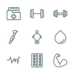 Poster - set of 9 linear icons from health and medical concept. outline icons such as medical result, gym, exercise, beat, contraceptive pills, biceps vector