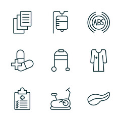 Poster - set of 9 linear icons from medical concept. outline icons such as records, saline, abs, medical checklist, stationary bike, pancreas vector