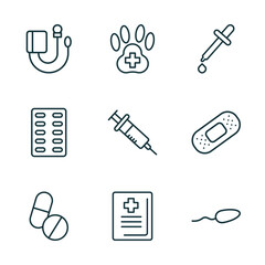 Poster - set of 9 linear icons from health and medical concept. outline icons such as sphygmomanometer, veterinary, pipette, pills, medical book, spermatozoon vector