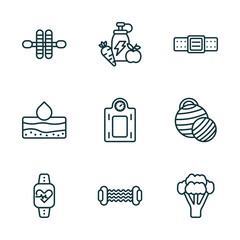 Wall Mural - set of 9 linear icons from gym and fitness concept. outline icons such as gymnastic roller, fitness food, athletic strap, pulsometer, resistance, broccoli porcion vector