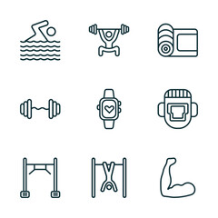 Poster - set of 9 linear icons from gym and fitness concept. outline icons such as man swimming, lifting barbell, mat for fitness, training apparatus, exercise hang bar, muscles vector