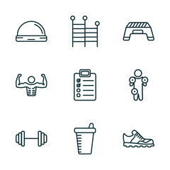 Poster - set of 9 linear icons from gym and fitness concept. outline icons such as bosu ball, gym ladder, fitness step, barbell weightlifting, protein shake, trainers vector