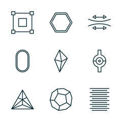 Poster - set of 9 linear icons from geometric figure concept. outline icons such as bounding box, octagon, stretch, triangle, dodecahedron, center alignment vector