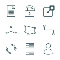 Aufkleber - set of 9 linear icons from geometry concept. outline icons such as text, unlock, insert, reverse, right align, join vector