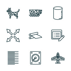 Poster - set of 9 linear icons from geometry concept. outline icons such as polygonal dog, polygonal coffee cup, cylinder, left alignment, disk, polygonal jet aircraft vector