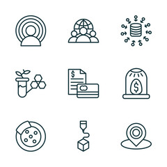 Poster - set of 9 linear icons from general concept. outline icons such as brand awareness, team, data aggregation, disk brake, 3d printing, coordinate vector