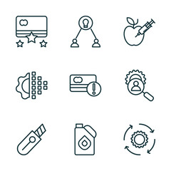 Poster - set of 9 linear icons from general concept. outline icons such as credit rating, collaborative idea, gmo, stationery knife, engine oil, implementation vector