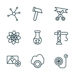 Poster - set of 9 linear icons from general concept. outline icons such as advertising networks, nail puller, inauguration, add photos, cloud service, inflate tire vector