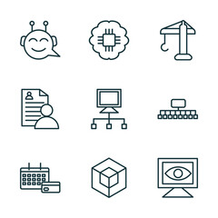 Poster - set of 9 linear icons from general concept. outline icons such as chat bot, future technology, construction crane, annual fee, 3d modeling, computer vision vector