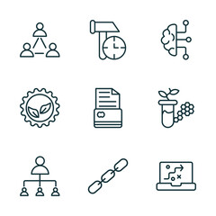 Poster - set of 9 linear icons from general concept. outline icons such as business networking, build time, business intelligence, hr planning, chain, digital strategy vector