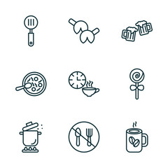 Poster - set of 9 linear icons from food concept. outline icons such as slotted spoon, fortune cookie, beers, stew, no eating, hot coffee cup vector