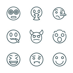 Poster - set of 9 linear icons from emoji concept. outline icons such as hypnotized emoji, vomit emoji, lying laughing nauseated happy vector