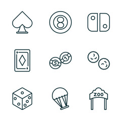 Poster - set of 9 linear icons from arcade concept. outline icons such as spades, eight ball, switch, dice, paraplane, zoo vector