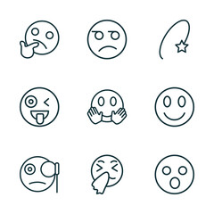 Poster - set of 9 linear icons from emoji concept. outline icons such as wondering emoji, suspect emoji, dizzy monocle sneezing surprised vector