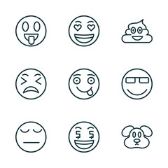 Poster - set of 9 linear icons from emoji concept. outline icons such as tongue emoji, love emoji, poo pensive rich dog vector