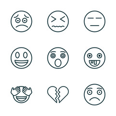 Poster - set of 9 linear icons from emoji concept. outline icons such as worried emoji, desperate emoji, expressionless shy broken heart slightly frowning vector